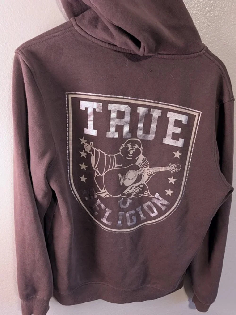 True Religion Men Brown Full Zip Hoodie Graphic Buddha Guitar Size M Oversize